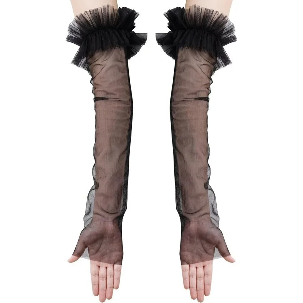 Women's Fingerless Black Long Sleeves Gloves Puffy Ruffle Cuffs Wedding Prom